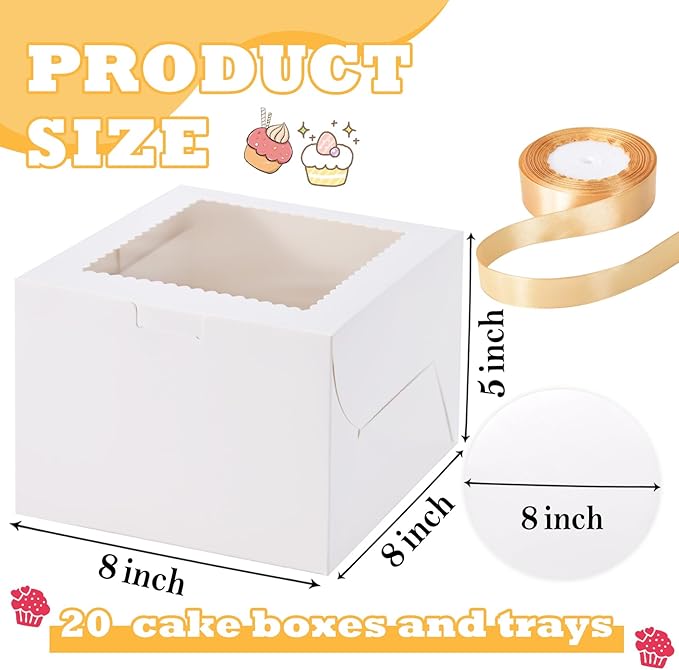 KPOSIYA 40pcs 8x8x5 inches Cake Boxes with Cake Boards（20 Boxes & 20 Boards）, White 8 inch Cake Boxes with Window,Cajas Pasteles Square Cardboard Cake Containers for Christmas Thanksgiving