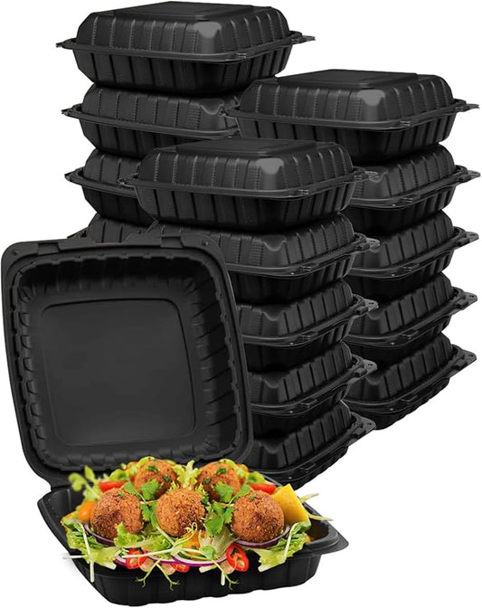 8X8X3 50-Pack Plastic Clamshell Takeout Food Trays Heavy Duty Disposable Box For Pasta Salad Sandwich Carryout Meal Prep Packaging Catering Hinged Containers With Secure Snap Lid - Black