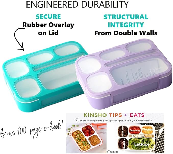 kinsho Bento Lunch Box Kids & Adult: Leakproof Lunch Containers for Boys & Girls with 6 Compartments - School, Daycare, Meal Planning Portion Control Container, BPA-Free Boxes, Utensils | Purple Teal