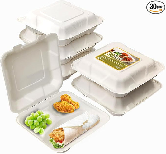8X8 30 Pack Clamshell Take Out Food Containers, 3 Compartment To Go Containers with Lids,Disposable Compostable To Go Boxes Heavy-Duty Biodegradable (8 * 8 in, 3-Compartment)