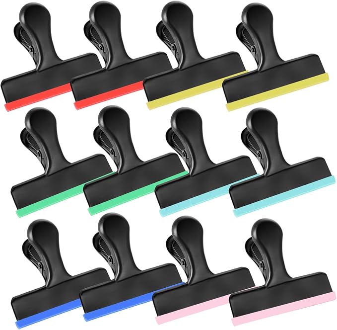 HOUSE AGAIN 12 Pack Stainless Steel Chip Bag Clips Covered with Colorful Silicone - NO More Sharp Edges - Color Coded for Food Bags - Air Tight Seal, Heavy Duty for Kitchen and Office, 3 Inches-Black
