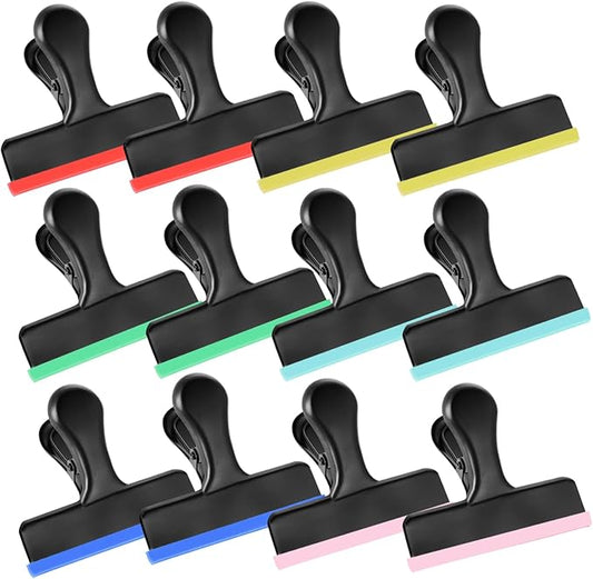 HOUSE AGAIN 12 Pack Stainless Steel Chip Bag Clips Covered with Colorful Silicone - NO More Sharp Edges - Color Coded for Food Bags - Air Tight Seal, Heavy Duty for Kitchen and Office, 3 Inches-Black