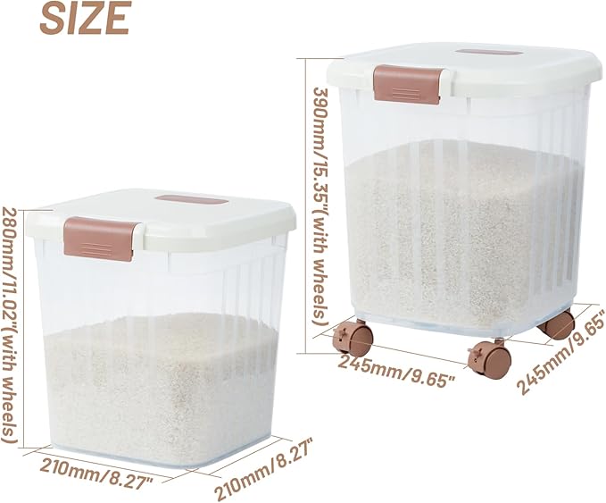 PENCK Airtight Flour Storage Bin Plastic Rice Storage Container Clear Cereal Grain Dry Food Storage Boxes with Wheels for Kitchen Pantry Countertop (20lbs&30lbs)