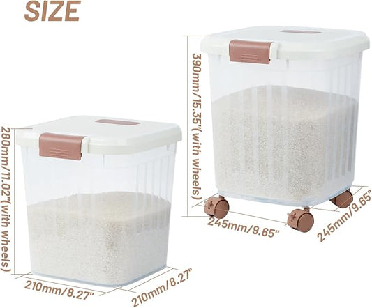 PENCK Airtight Flour Storage Bin Plastic Rice Storage Container Clear Cereal Grain Dry Food Storage Boxes with Wheels for Kitchen Pantry Countertop (20lbs&30lbs)