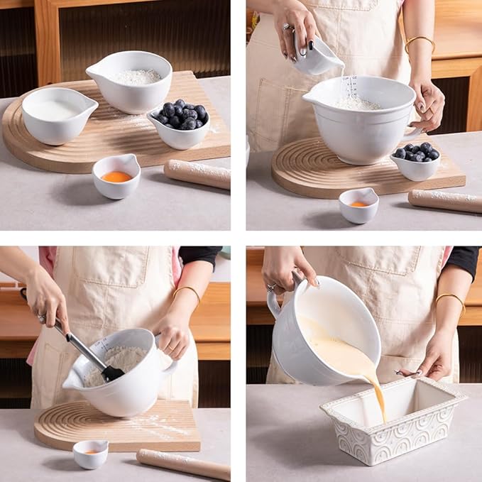 Sweejar Porcelain Mixing Bowl with Scale, Ceramic Serving Container for Kitchen, Nesting Bowl with Handle, Using for Baking, Prepping, Cooking, Set of 5 (White)