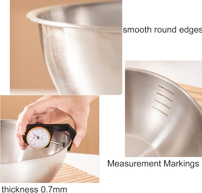 Stainless Steel Salad Bowls Set of 2 Mixing Bowl with Measurement Markings Snacks Bowls, 4.23 Quart Serving Bowls for Mixing, Cooking, Baking, Prepping and Home Kitchen Food Storage Bowls