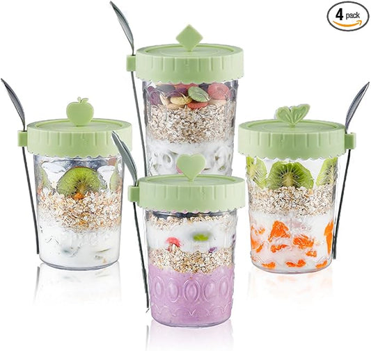 4 Pack Glass Overnight Oats Containers with Lids and Spoons, 20 oz Overnight Oats Jars, Glass Meal Prep Jars for Parfait, Breakfast, Yogurt, Fruit, Fridge Dishwasher Safe (Green)