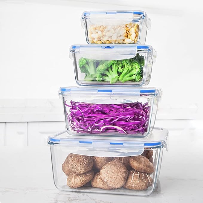 Extra Large Glass Storage Containers with Lids, Set-8-Piece Lunch Containers, Ideal for Storing Food, Vegetables, Fruits, Baking Cake & lot of other Tasty Food (Square)