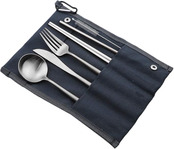Reusable Travel Utensils, 7 Pieces Portable 18/10 Stainless Steel include Knife Fork Spoon Chopsticks Cleaning Brush Straws Portable Pouch, Eco-friendly Camping Silverware Set, Dishwasher Safe