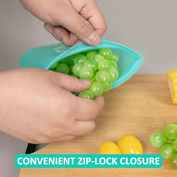 Reusable Snack Bags, 4 Pack, Stand Up 100% Silicone Reusable Storage Bag, Ziplock Silicone Food Storage Containers Snack Size, Freezer Microwave Oven Dishwasher Safe, Aqua+Translucent, 16oz