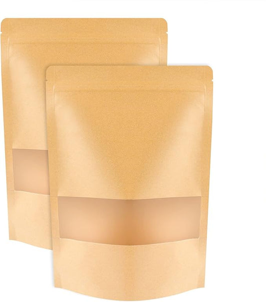 100 Pcs Kraft Stand Up Pouches 5.5 x 7.9 Inch Resealable Zip Lock Food Storage Bags with Matte Window for Packaging