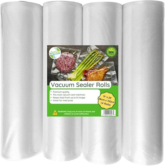 EverFresh 11" x 25' Vacuum Sealer Rolls-Vacuum Sealer Bags-Vacuum Sealer Machine-Food Sealer Bag-Rolls Compatible with FoodSaver Machines-4 Pack-15% thicker embossing than leading supplier.