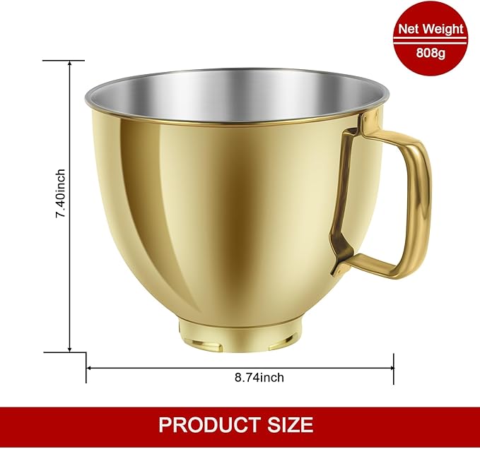 5 QT Stainless Steel Mixer Bowl Compatible with KitchenAid Artisan&Classic Series 4.5-5QT Tilt-Head Mixers K45 KSM70 KSM150 etc. Replacment for KitchenAid Mixer Bowl(Heavy Duty Radiant Gold)