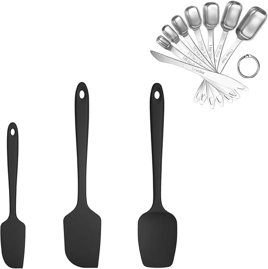 U-Taste 600ºF Heat Resistant Food Grade Silicone Spatula Set of 3, and 18/8 Stainless Steel Square Measuring Spoons Set of 8 (Black+Silver)