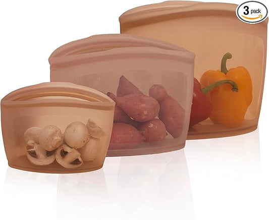 Platinum Silicone Food Grade Reusable Storage Bag, 3set Leak-Proof Airtight Seal, BPA-Free, Microwave, Freezer & Dishwasher Safe, Heat Resistant Sous Vide,Silicone Snack Bags, Taupe Brown