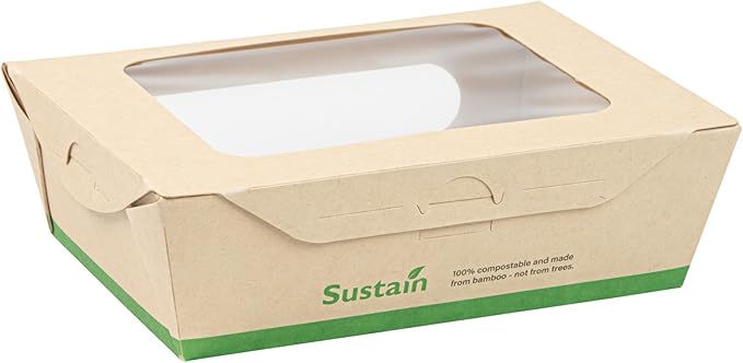 Restaurantware-Sustain 28 Ounce Sturdy Paper Take Out Boxes, 50 Disposable Take Out Food Containers - With PLA lining, Two Clear PLA Windows, Bamboo Paper Containers, Compostable, Tab-Lock Design