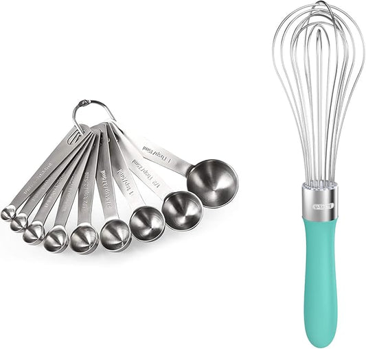 18/8 Stainless Steel Measuring Spoons Set for Dry and Liquid Ingredients (Set of 9), and 18/10 Stainless Steel Balloon Whisk for Kitchen Cooking with 8 Flex Wires (Aqua Sky)