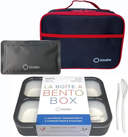 kinsho Bento Box with Insulated Lunch Bag and Ice Pack for Kids Container for Adults Snacks and Lunches. 3 Compartments, Leakproof Portion Boxes Japanese Style for School or Work, Grey - Black