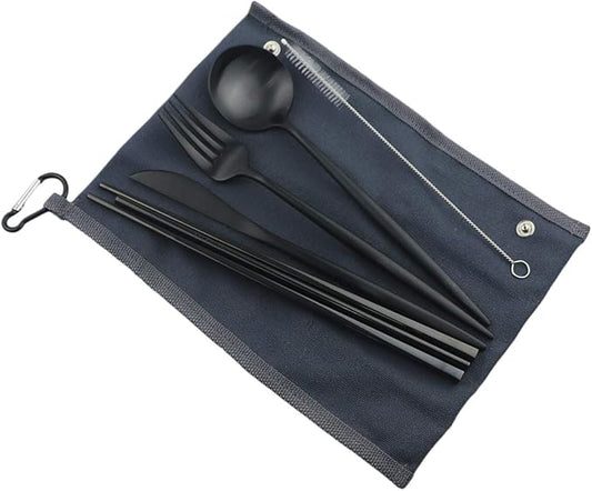 Reusable Travel Utensils, 7 Piece Portable 304 Stainless Steel including Knife Fork Spoon Chopsticks Cleaning Brush Straws Portable Pouch, Eco-friendly Camping Silverware Set, Dishwasher Safe