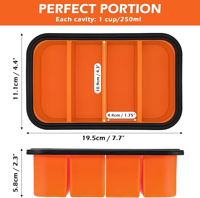 Webake Silicone Freezer Tray with Lid, Food Storage Container 1 Cup Portion, Ice Cube Tray for Soup Sauce Meal Prep, BPA Free - Orange