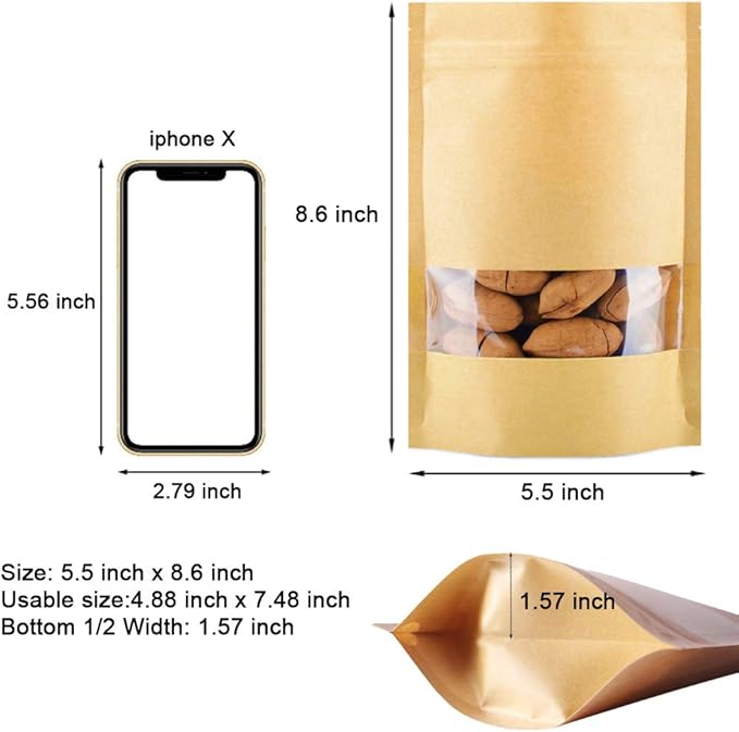 100 Pcs Resealable Stand Up kraft Paper Bags with Window for Packaging Products, Reusable Zip Lock Food Storage Pouch Bags (5.5" x 8.6")