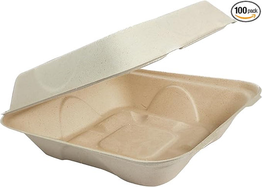 World Centric Compostable Clamshell Containers 8x8x3 - Grease and Moisture Resistant - 100 Pack