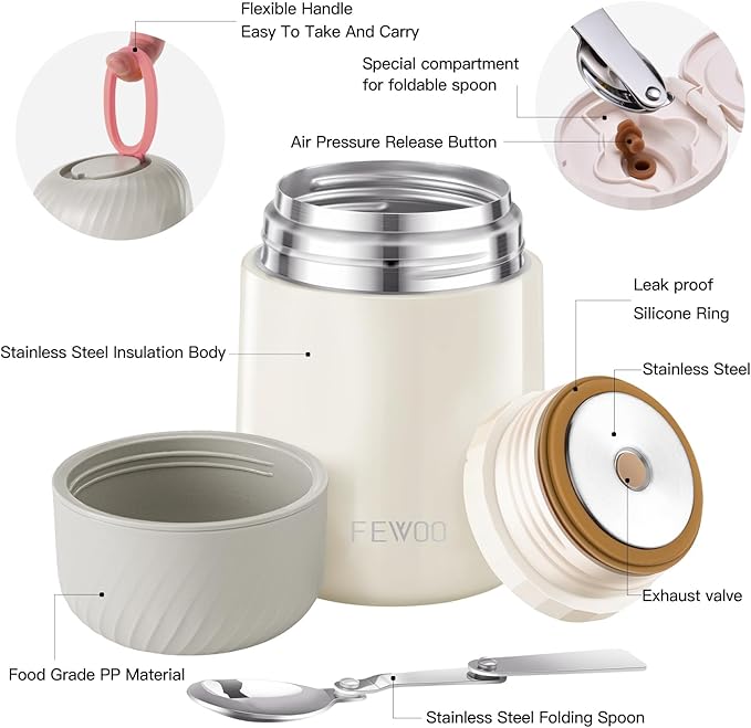 FEWOO Food Jar - 20oz Vacuum Insulated Soup Container, Stainless Steel Lunch Box for Kids Adult, with Folding Spoon for Hot or Cold Food (White)
