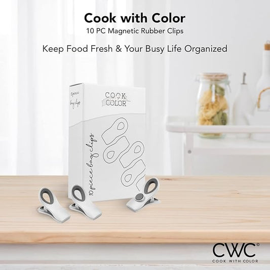 COOK WITH COLOR Bag Clips with Magnet- Food Clips, Chip Clips, Bag Clips for Food Storage with Airtight Seal Grip for Bread Bags, Snack Bags and Food Bags (White, Pack of 10)