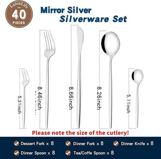 Mirror Modern Flatware Set for 8, 40-Piece Stainless Steel Silverware Set, LaienLife Unique Utensils with Long Forks Spoons and Knives Sets, Great for Home and Restaurant, Dishwasher Safe - Silver