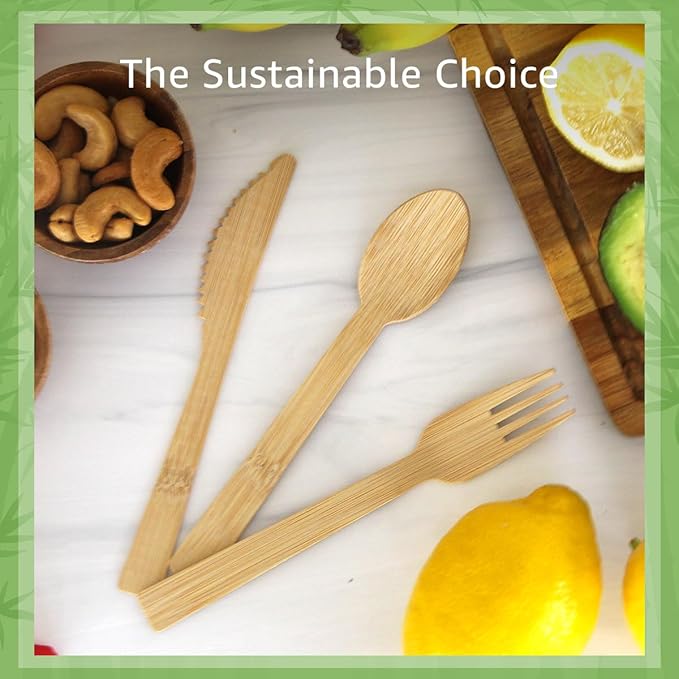 100% Bamboo Cutlery Set - 600 Biodegradable Utensils (300 Forks, 150 Knives, 150 Spoons) - Reusable or Disposable Bamboo Flatware | Compostable FSC Certified Utensils for Weddings & Parties