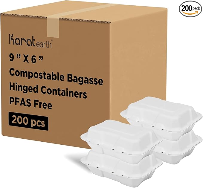KARAT EARTH Clamshell Take Out Food Containers [9"x6", 200 ct ] Compostable To Go Containers, Natural Biodegradable Bagasse | White