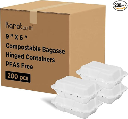 KARAT EARTH Clamshell Take Out Food Containers [9"x6", 200 ct ] Compostable To Go Containers, Natural Biodegradable Bagasse | White