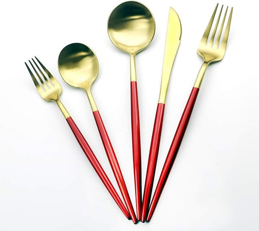 Red Gold Flatware, Royal 20 Pieces Matte White Handle 18/10 Stainless Steel Tableware Sets for 4 Including Forks Spoons Knives, Camping Silverware Travel Utensils Set Cutlery (Red Gold)