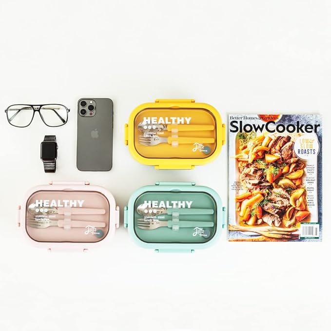 Lille Home 28oz Stainless Steel Leakproof 2-Compartment Bento Lunch Box/Portion Control Food Container with Lunch Bag and Cutlery Set, BPA Free (pink)