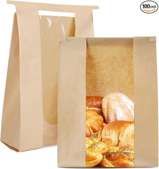 100 Pack Bread Bags for Homemade Bread Sourdough Bread Bags with Tin Strip Large Bakery Bags with Window Paper Bread bags