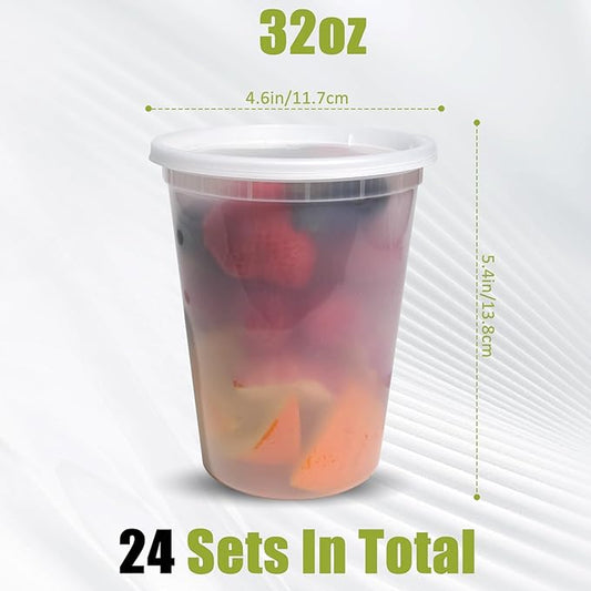 [24 sets] 32oz Deli Containers with Lids，Food Storage Container with airtight lid，Plastic Soup Containers with Lids Meal Prep/BPA Free/Freezer Safe/Dishwasher Safe/Microwave Safe/Stackable