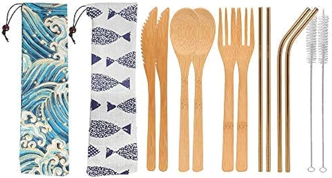 Uptrust Bamboo 2 Set Travel Utensils - Reusable Cutlery with Case, 7.8 Inch Knife, Fork, Spoon, 3 Colors Metal Straw - Golden Straw