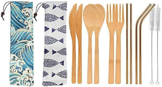 Uptrust Bamboo 2 Set Travel Utensils - Reusable Cutlery with Case, 7.8 Inch Knife, Fork, Spoon, 3 Colors Metal Straw - Golden Straw