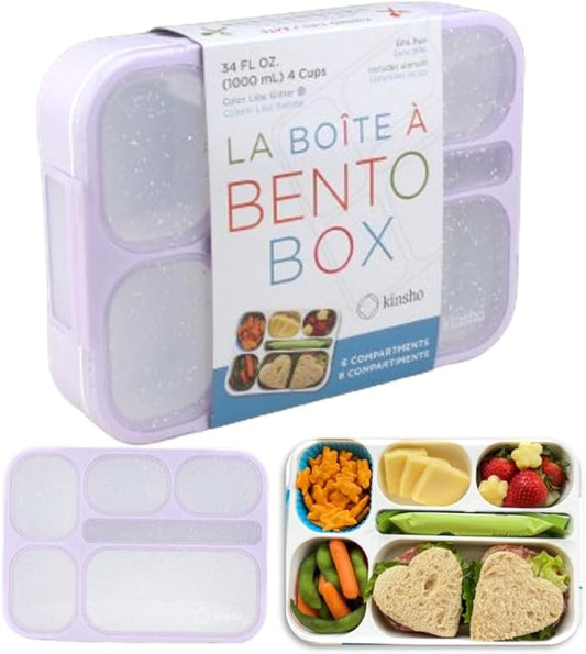 kinsho Glitter Lunch Box Bento-Boxes for Girls, Meal and Snack Containers for Toddler Daycare, School, Travel, 6 Divided Sections, Cute Bentobox, Leak-Resistant, Utensils, Purple Lilac Sparkle