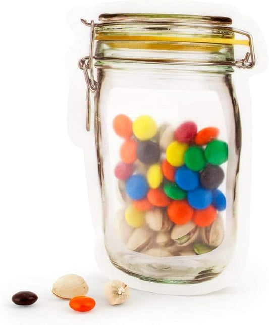 10Pcs Mason Jar Pattern Food Storage Bag Reusable Portable Stand Up Smell Proof Ziplock Bags Snack Saver Container Retail Package Bag Frosted Pouches Yellow 6×4.2in (15.7×10.5cm)
