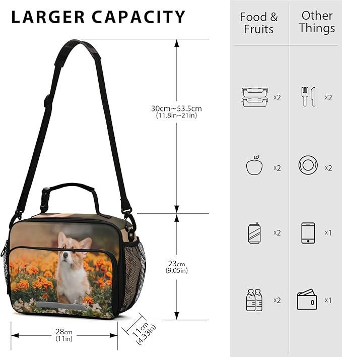 Dog Puppy Lunch Box for Kids Adults Little Corgi Pembroke Puppy Adventures Flowers Insulated Lunch Bag with Shoulder Strap Reusable Cooler Bags Lunch Tote for Office School Girls Boys Teens