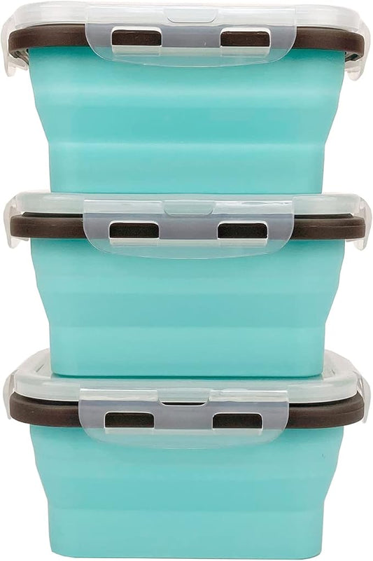 CCyanzi 3piece Collapsible Food Storage Containers with Lids, Silicone Lunch Container, Microwave & Freezer Safe, Space Saving for Kitchen Cabinet and Camping Backpack,(blue gray)