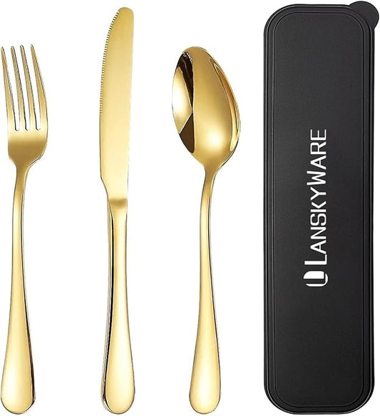 Portable Utensils Set with Case,Reusable Office Flatware Set,Healthy Travel Cutlery Set 3 PCs Stainless Steel Fork, Spoon,Knife Cutlery Ideal for Travel, Lunch Box and Camping (Gold-3PCs)