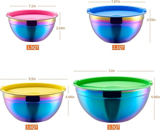 Rainbow Mixing Bowls With Airtight Lids,Stainless Steel Bowl,Salad Bowls 4 Piece Colorful Nesting Bowl Rainbow Kitchen Accessories,Size 5.5,3.6,2.1,1.5 QT Stackable Design
