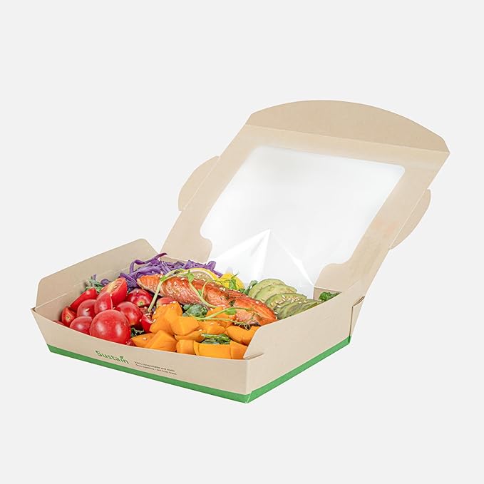 Restaurantware-Sustain 40 Ounce Sturdy Paper Take Out Boxes, 50 Disposable Take Out Food Containers - With PLA lining, Clear PLA Window, Bamboo Paper Containers, Compostable, Tab-Lock Design