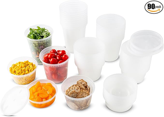 DuraHome Food Storage Containers with Lids Freezer Deli Cups 90 Sets Expanded Combo Pack 8oz 12oz 16oz 24oz & 32oz BPA-Free Leakproof Round Clear Takeout Meal Prep Microwavable, Airtight Lids