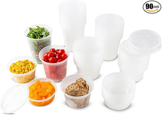DuraHome Food Storage Containers with Lids Freezer Deli Cups 90 Sets Expanded Combo Pack 8oz 12oz 16oz 24oz & 32oz BPA-Free Leakproof Round Clear Takeout Meal Prep Microwavable, Airtight Lids