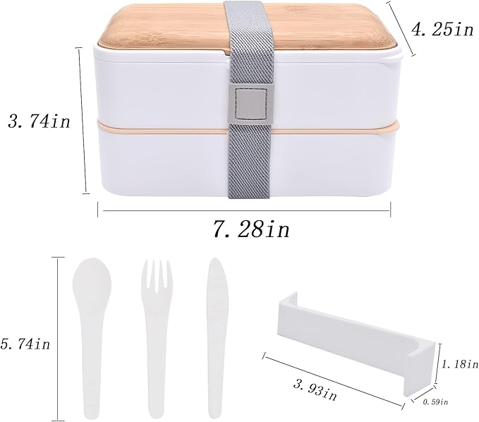 1200ML Bento Boxes, Japanese Lunch Boxes, 2 Stackable Food Containers,for Adults, Men&Women, with Nylon Sealing Strap,Built-In Reusable Cutlery,BPA Free,Bamboo Lid,Microwave Safe (WHITE)