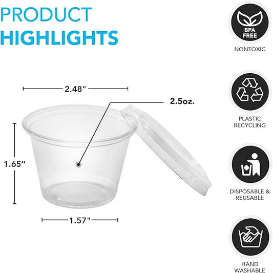 Party Essentials Squeezable Plastic Gelatin/Jello Shot Glasses/Portion Souffle Cups/Condiment Sauce Containers with Lids, 100 Sets, 2.5 oz. Clear