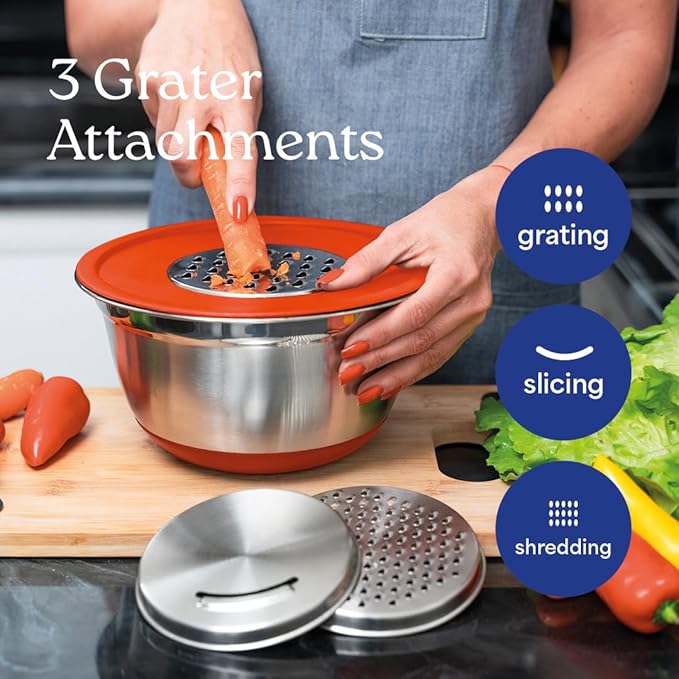 WHYSKO® Stainless Steel Mixing Bowls With Lids Plus Stainless Steel Whisk, Potato Masher and Grater Lids, 5 Nesting Mixing Bowls And Kitchen Tools for Meal Prep, Cooking, Baking, Serving, Food Storage